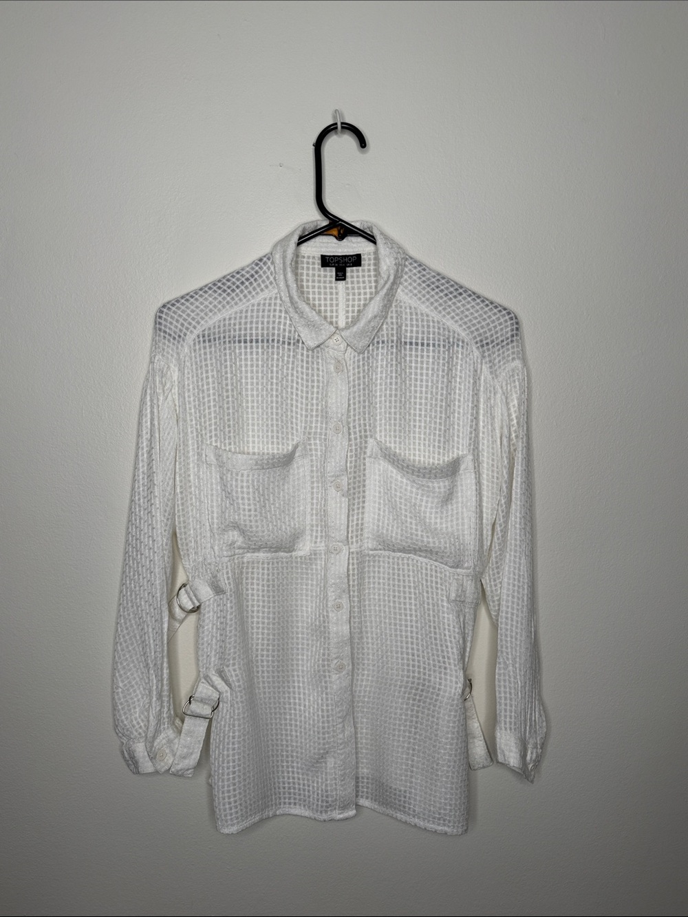 Topshop White Waffle Weave Button-Down Shirt